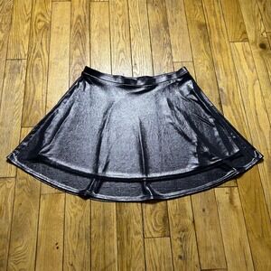 Express Metallic Black Skater Skirt Shiny Liquid Flare Mini Skirt Womens Large